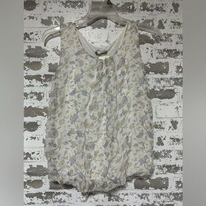 Pure Silk Sleeveless Floral Print Tank Top - Cream with Lavender and Taupe